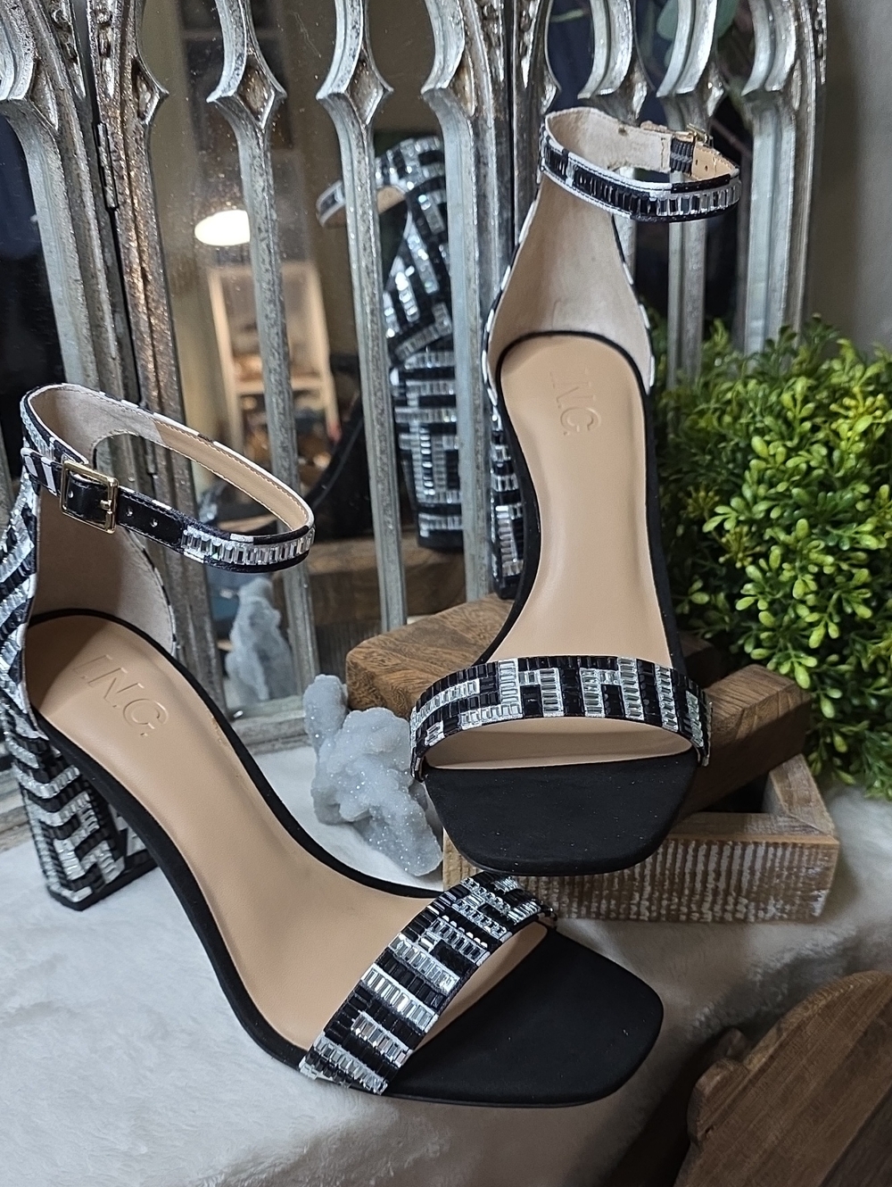 INC International Concepts Blk & Silver Embellished Ankle-Strap Block Heels